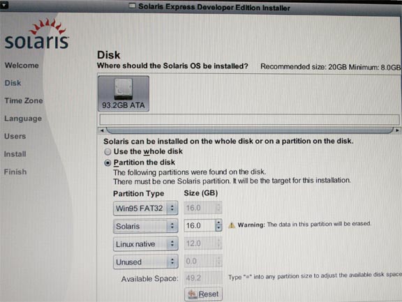 Solarisのインストーラのパーティション設定