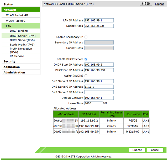 F660A IPv4 DHCP Settings