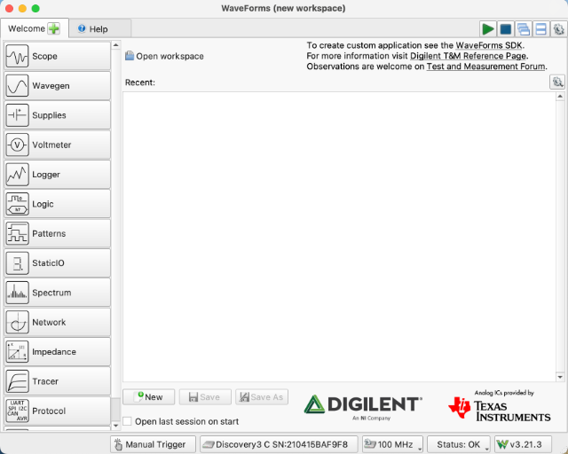 WaveForms Initial Startup Window