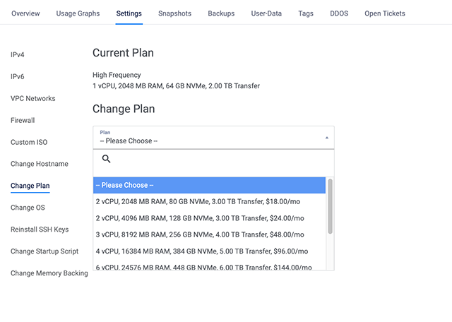 Vultr Instance Change Plan