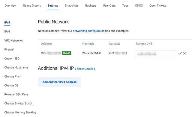 Vultr Instance SettingsI PAddress