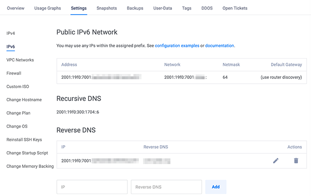 Vultr Instance Settings IPv6