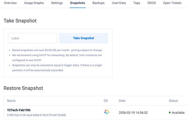 Vultr Instance Take a Snapshot