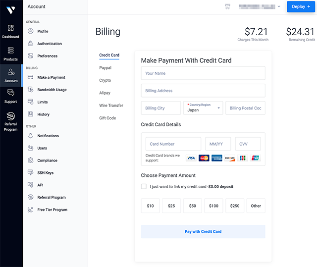 Vultr Payment Methods